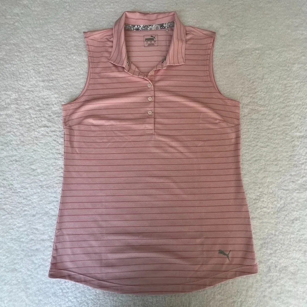 Puma Sleeveless Golf Polo Womens L Pink Striped Athletic Performance Top - Picture 1 of 7